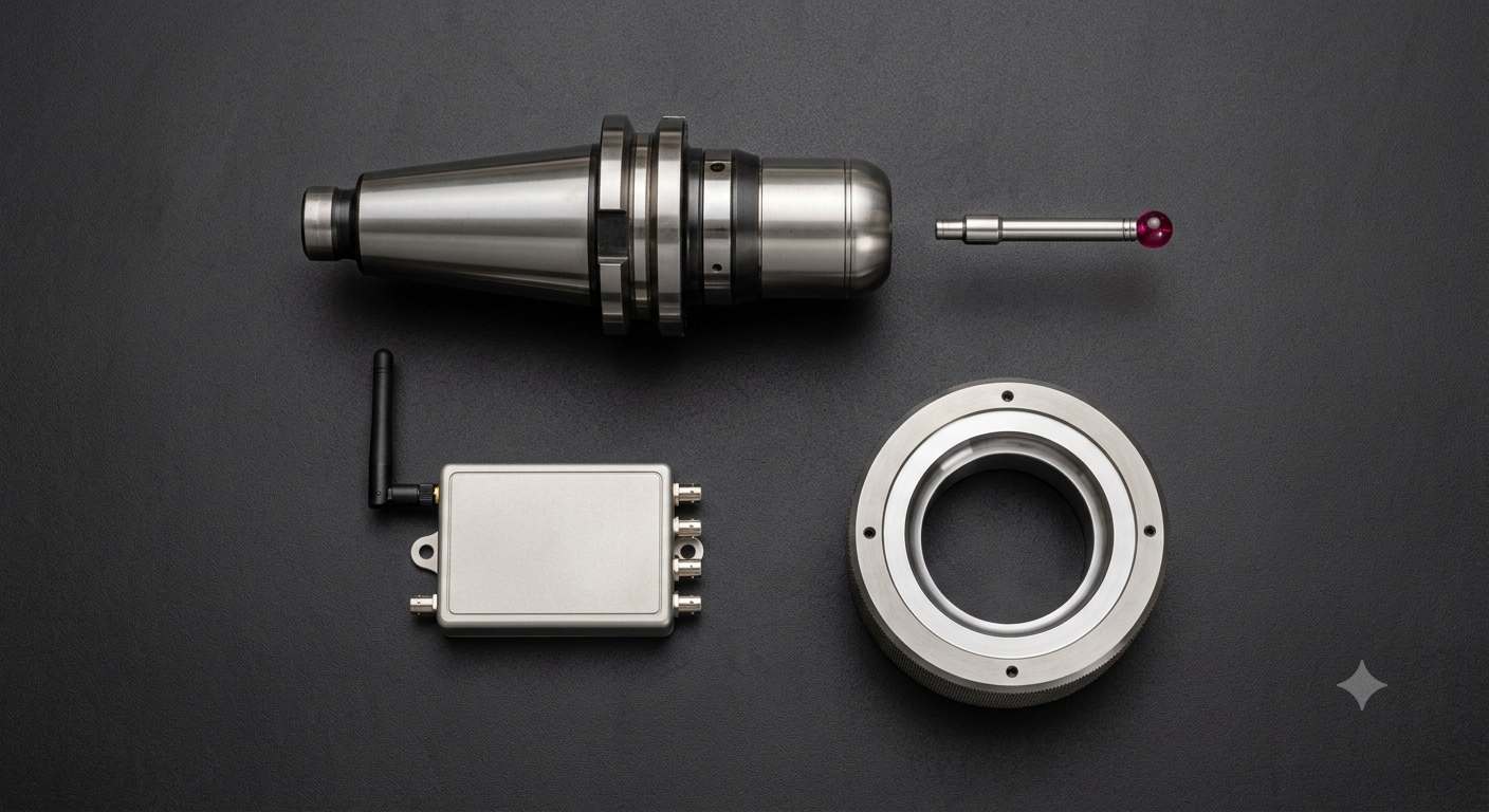 Disassembled CNC probing system components