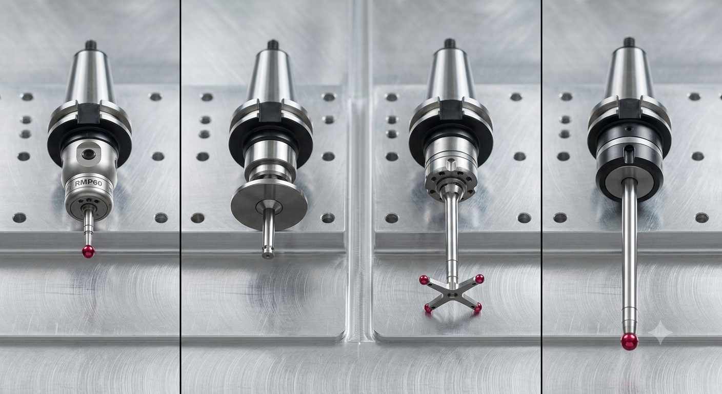 Four different CNC probe types arranged side by side