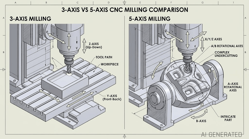 3 axis mill vs 5 axis CNC machining setup comparison