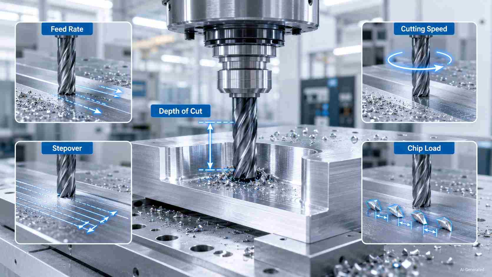 CNC depth of cut with feed, speed, stepover, chip load