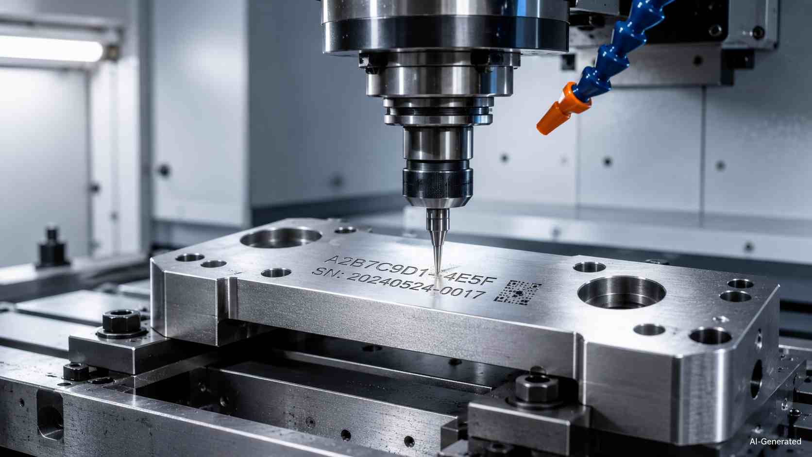 CNC engraving machine marking a metal part