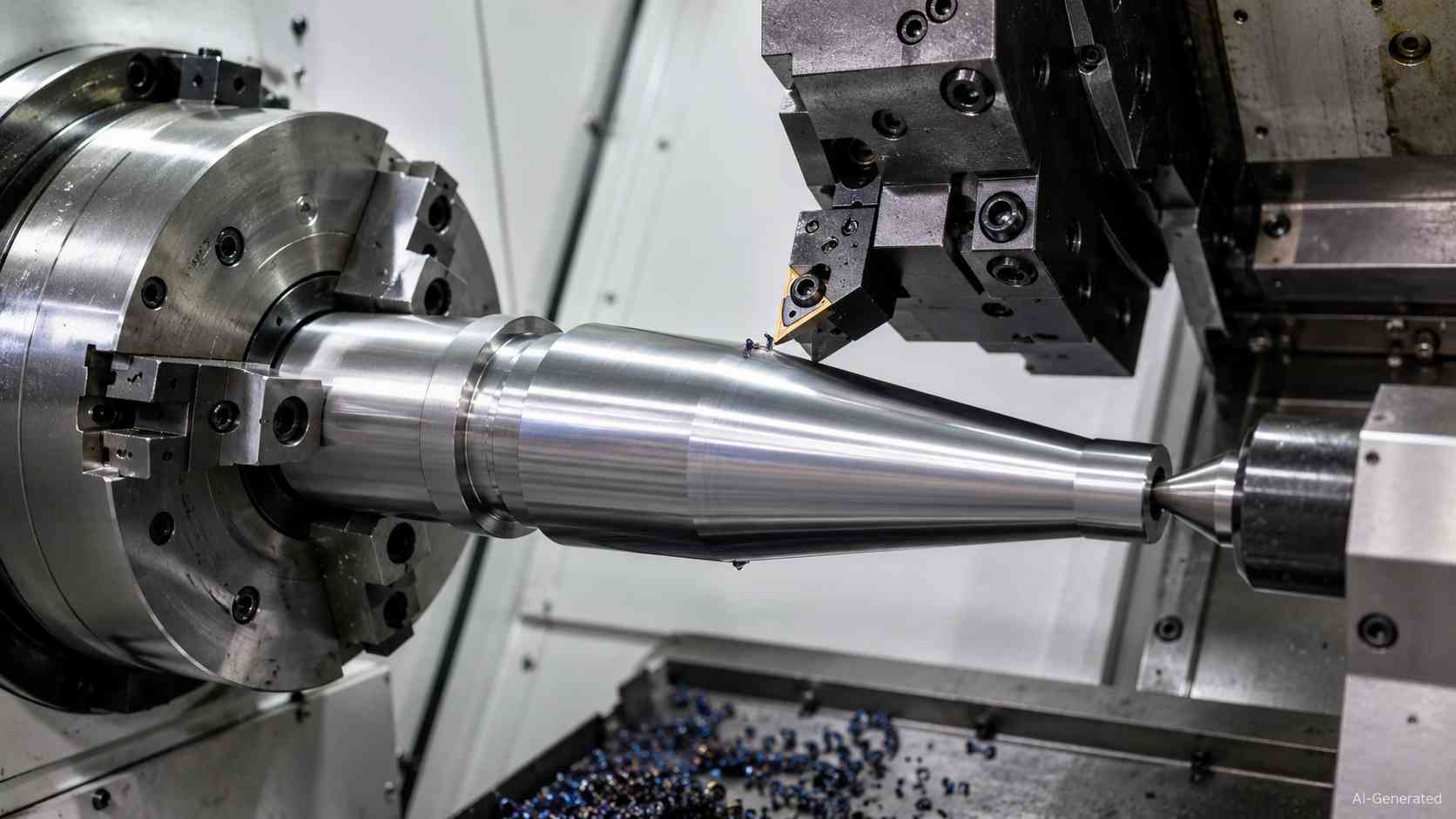 CNC lathe machining a tapered metal shaft