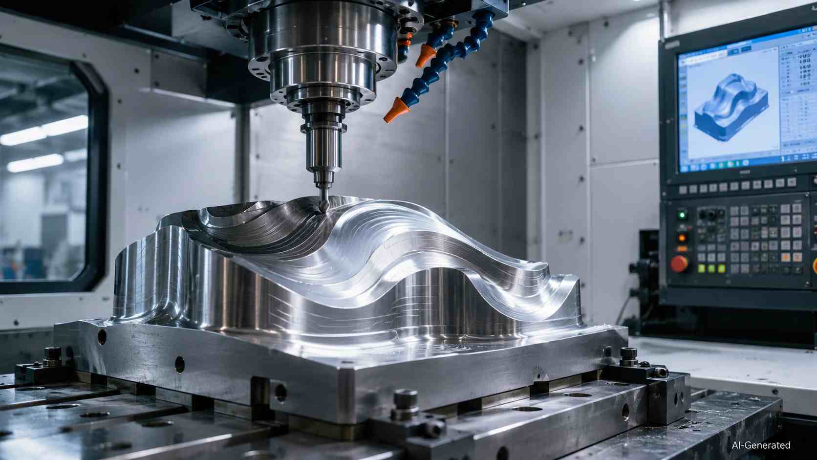 CNC machine contour milling a curved metal workpiece