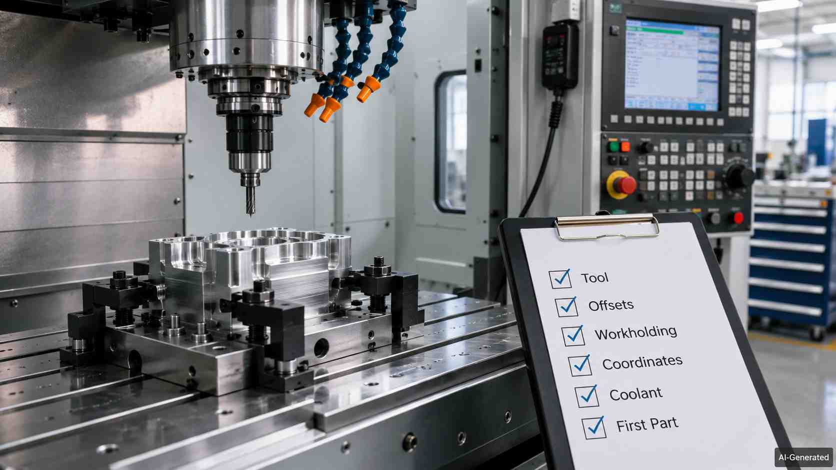 CNC machine setup checklist with clamped workpiece