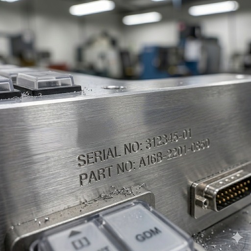 CNC machined panel with engraved industrial lettering
