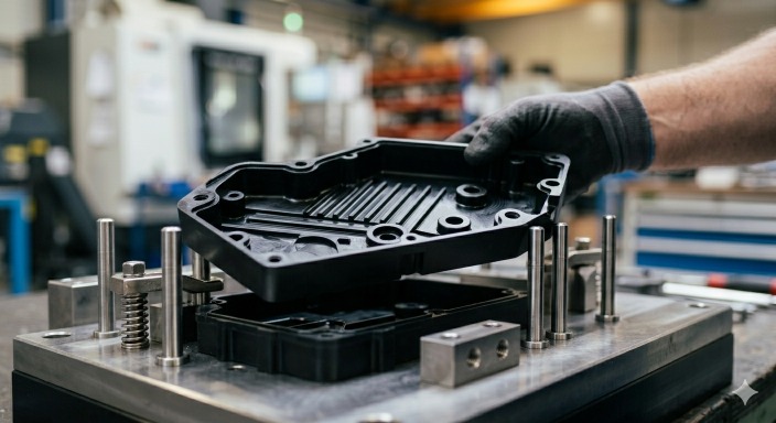 CNC machined plastic components aligned in fixture