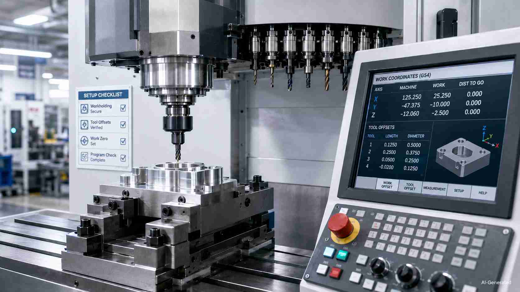CNC setup with fixture, tools, and control screen