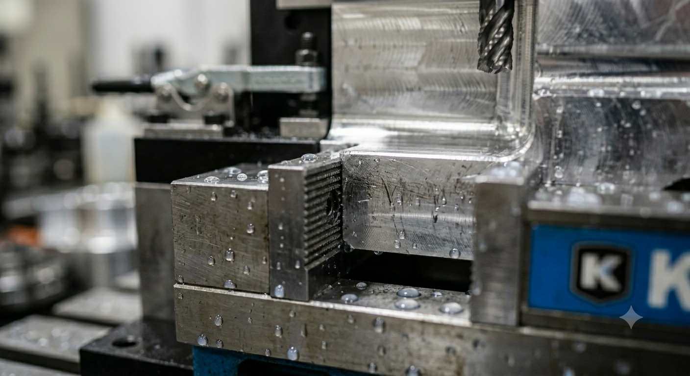 CNC vise securing a metal workpiece