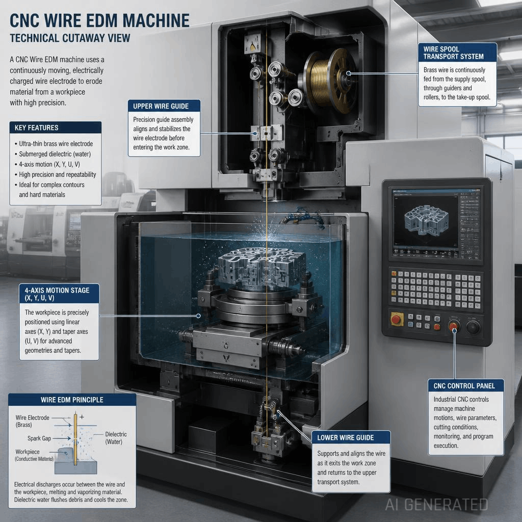CNC wire EDM machine setup with dielectric fluid tank