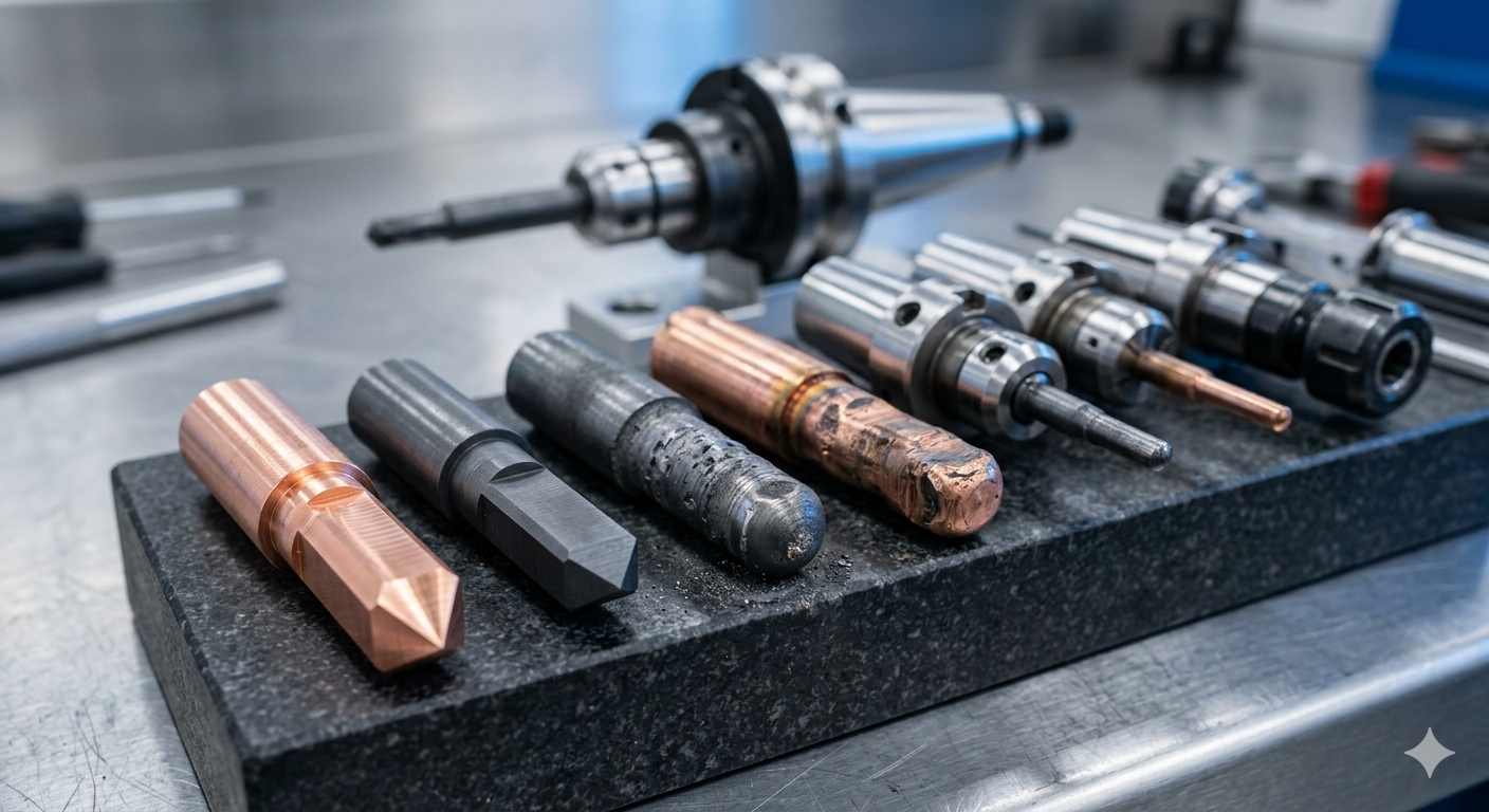 Close up of graphite and copper sinker EDM electrodes