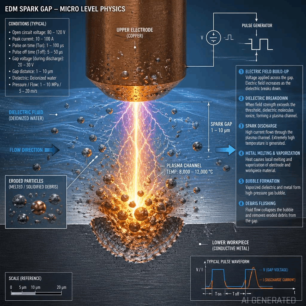 Diagram of EDM spark gap dielectric fluid and erosion