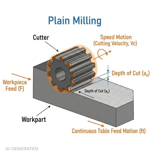 A cylindrical plain milling cutter mounted on a horizontal a