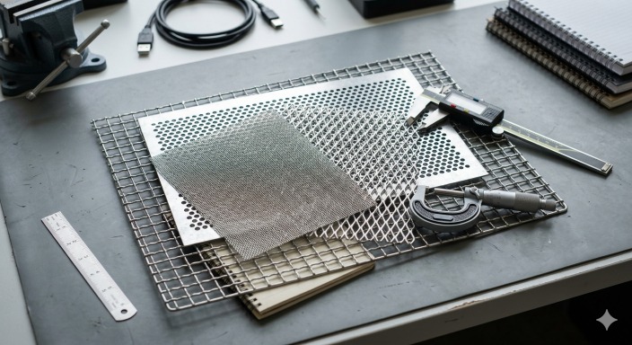 Different sized metal mesh sheets displayed