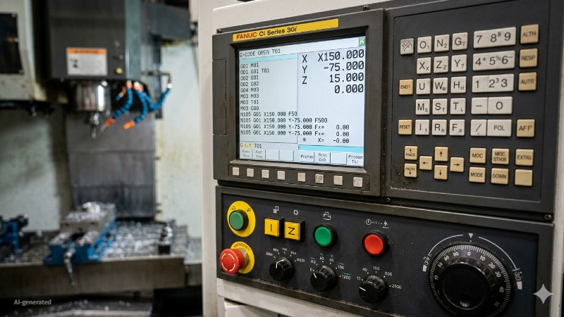 FANUC CNC controller showing a running G code program