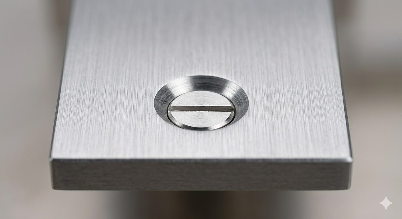 Flat head screw sitting flush inside a countersink hole