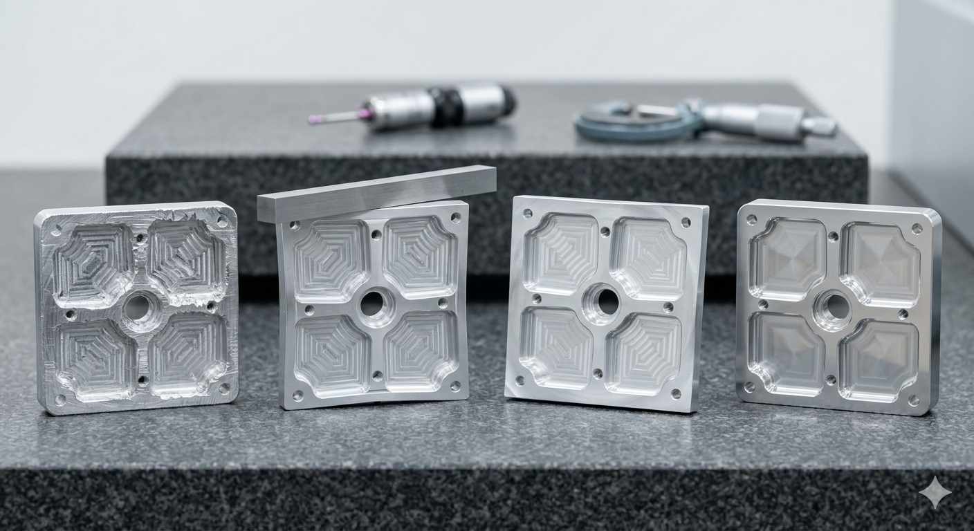 Four CNC machined aluminum components