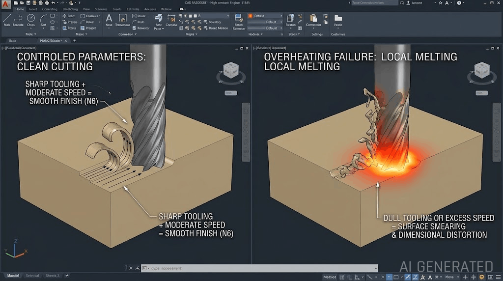 Heat buildup diagram on PEEK plastic cutting tool edge