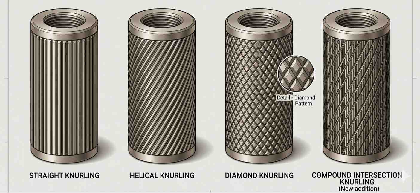 Illustration of different knurl patterns
