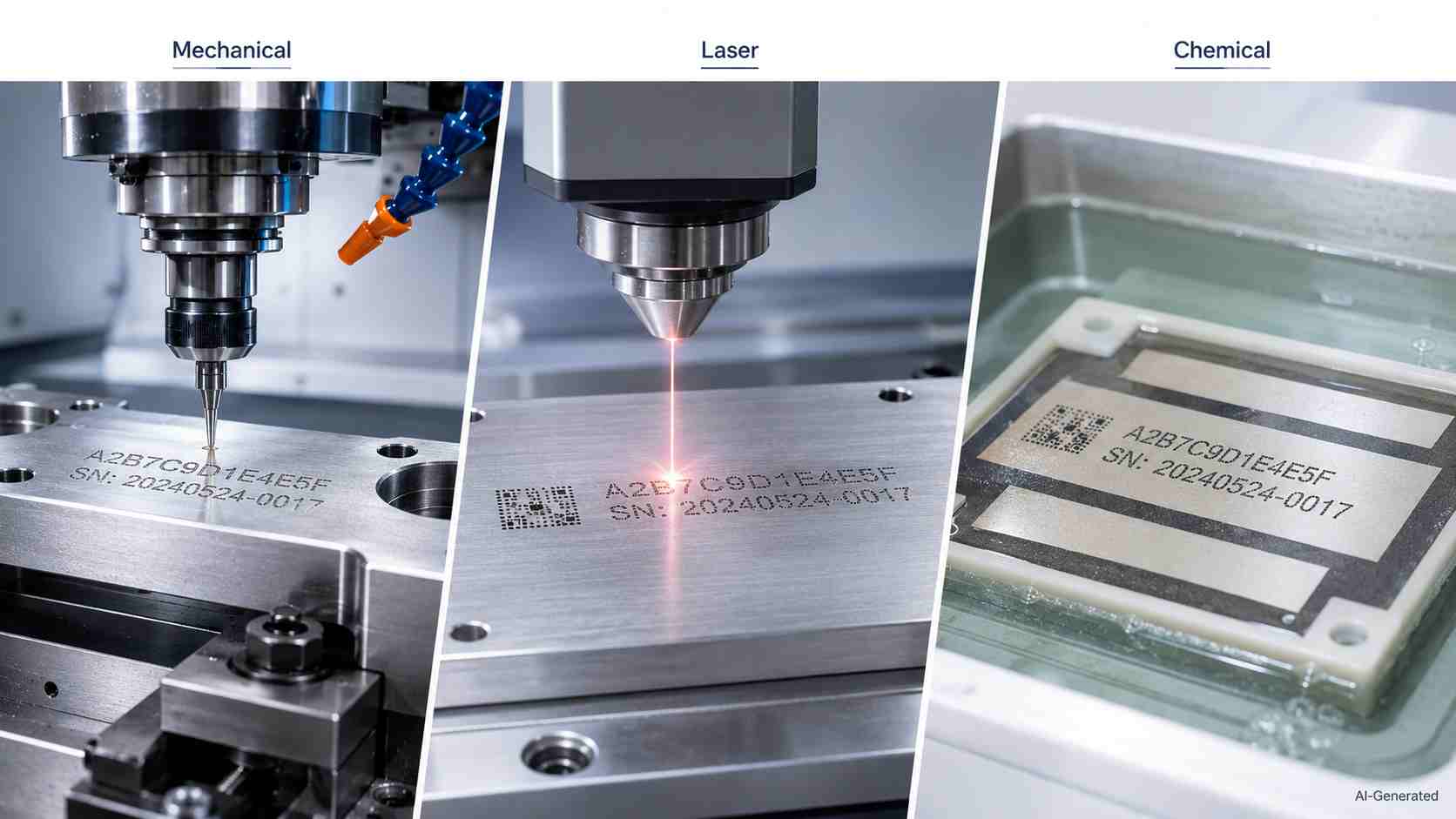 Mechanical, laser, and chemical marking methods