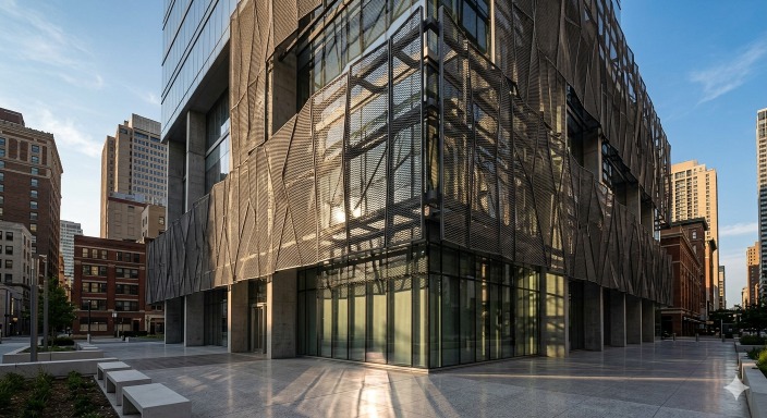 Metal mesh facade on a modern building filtering sunlight