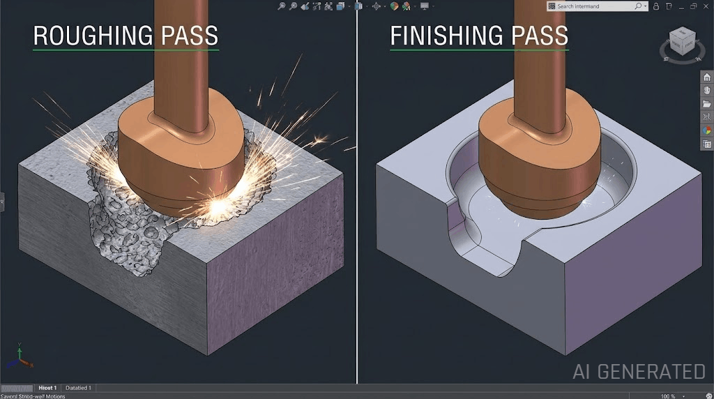Multi pass sinker EDM roughing and finishing electrode setup