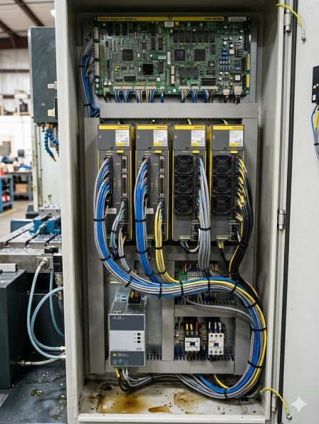 Open CNC machine electrical cabinet