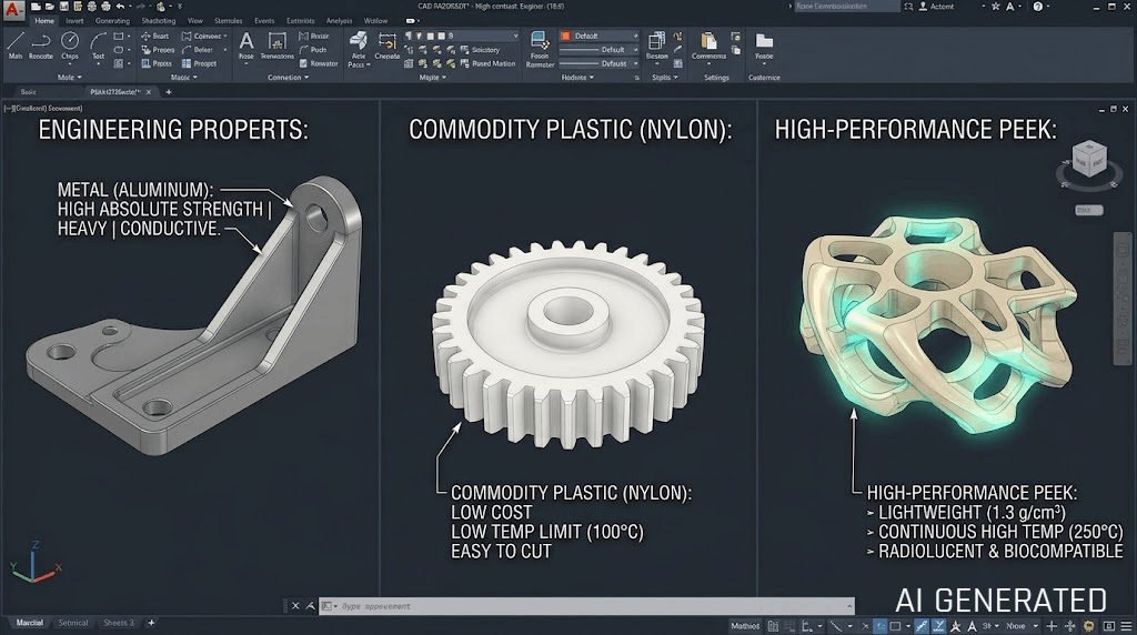 PEEK vs PTFE vs aluminum material property comparison