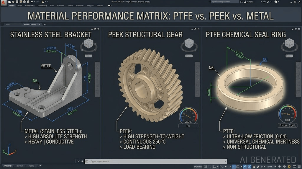 PTFE low friction vs PEEK structural strength comparison