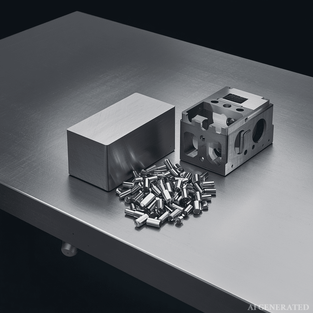 Raw metal block, finished part, and scrap chips
