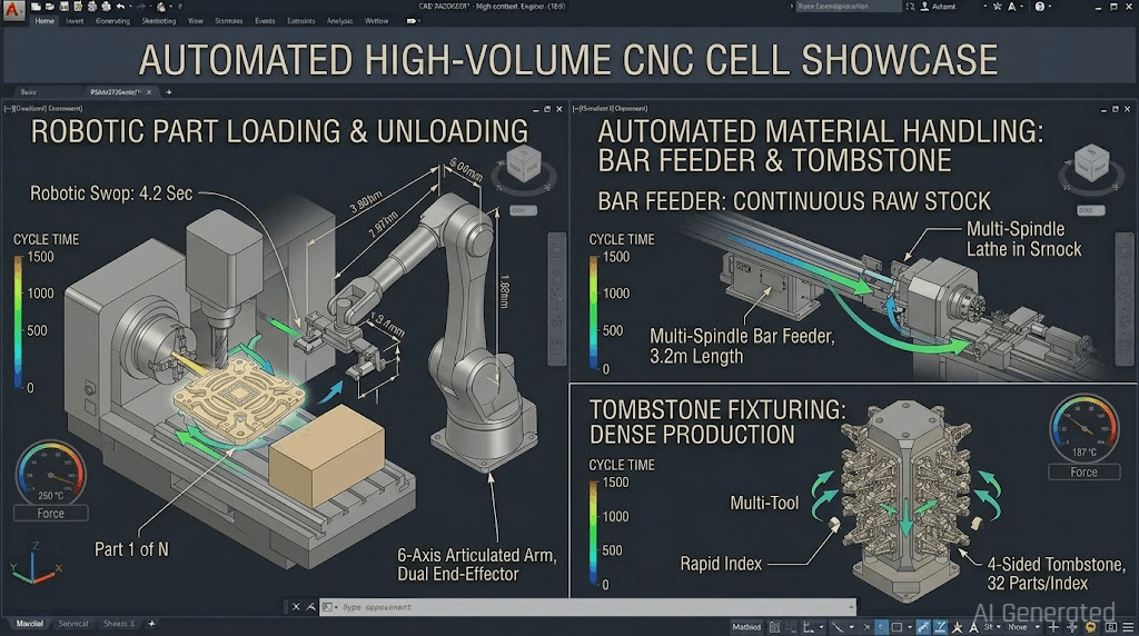 Robotic arm loading raw stock into high volume CNC lathe