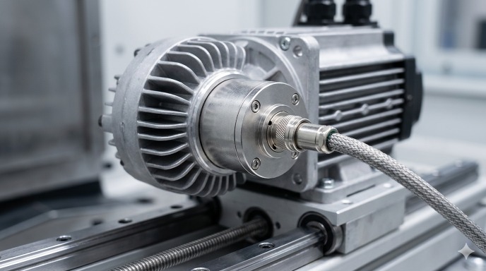 Rotary encoder mounted on rear shaft of a CNC servo motor