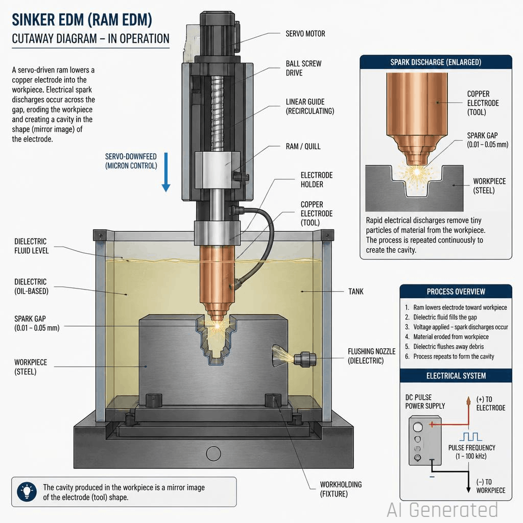Sinker EDM machine setup with ram and dielectric oil tank