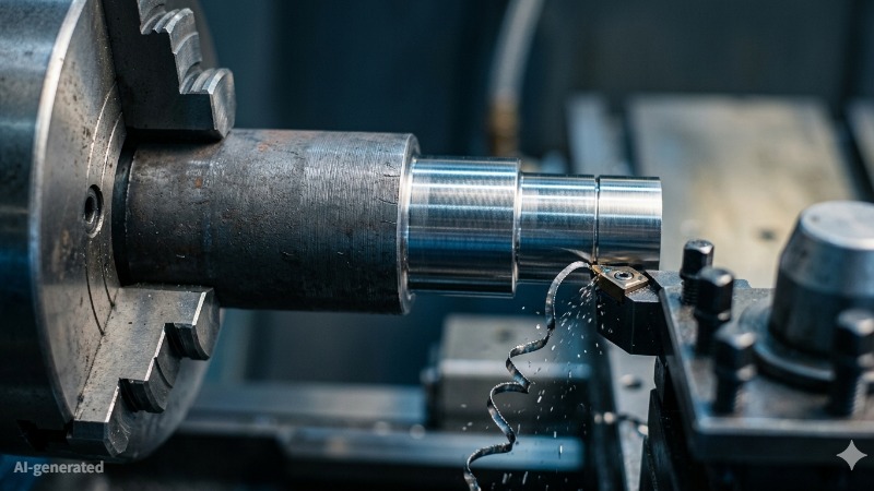 Steel shaft partially machined on CNC lathe
