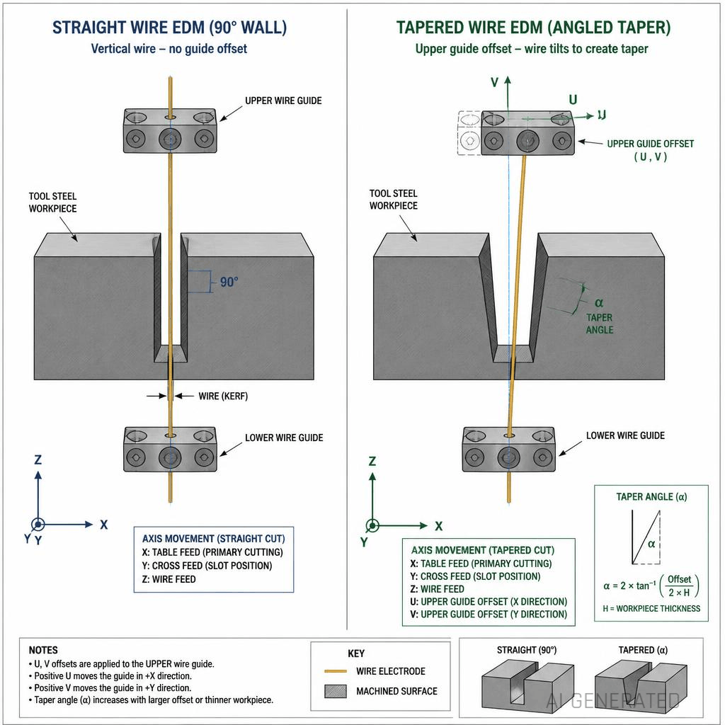 Straight vs tapered cutting on a 4 axis wire EDM machine