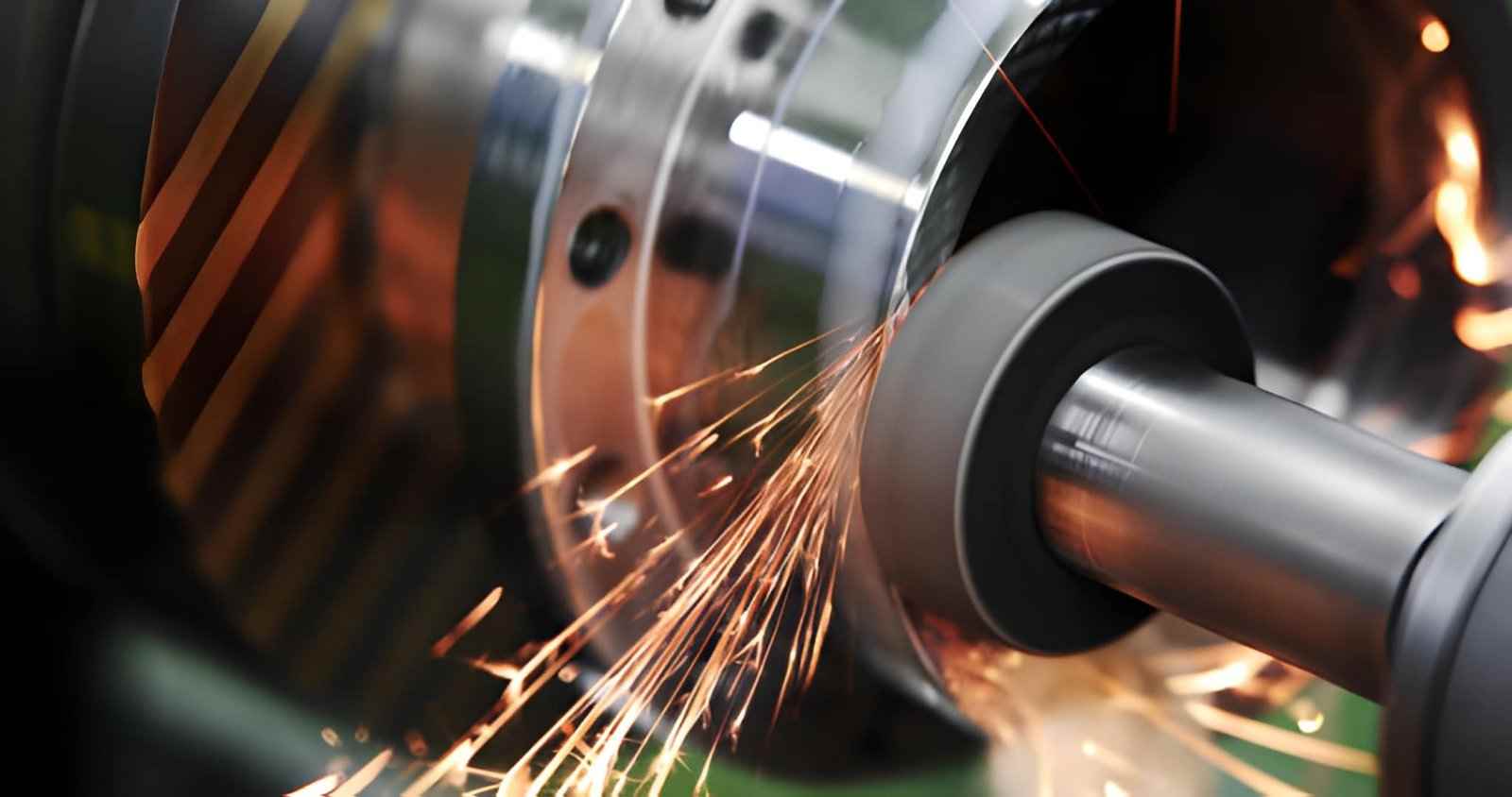 Surface grinding a metal part with visible sparks