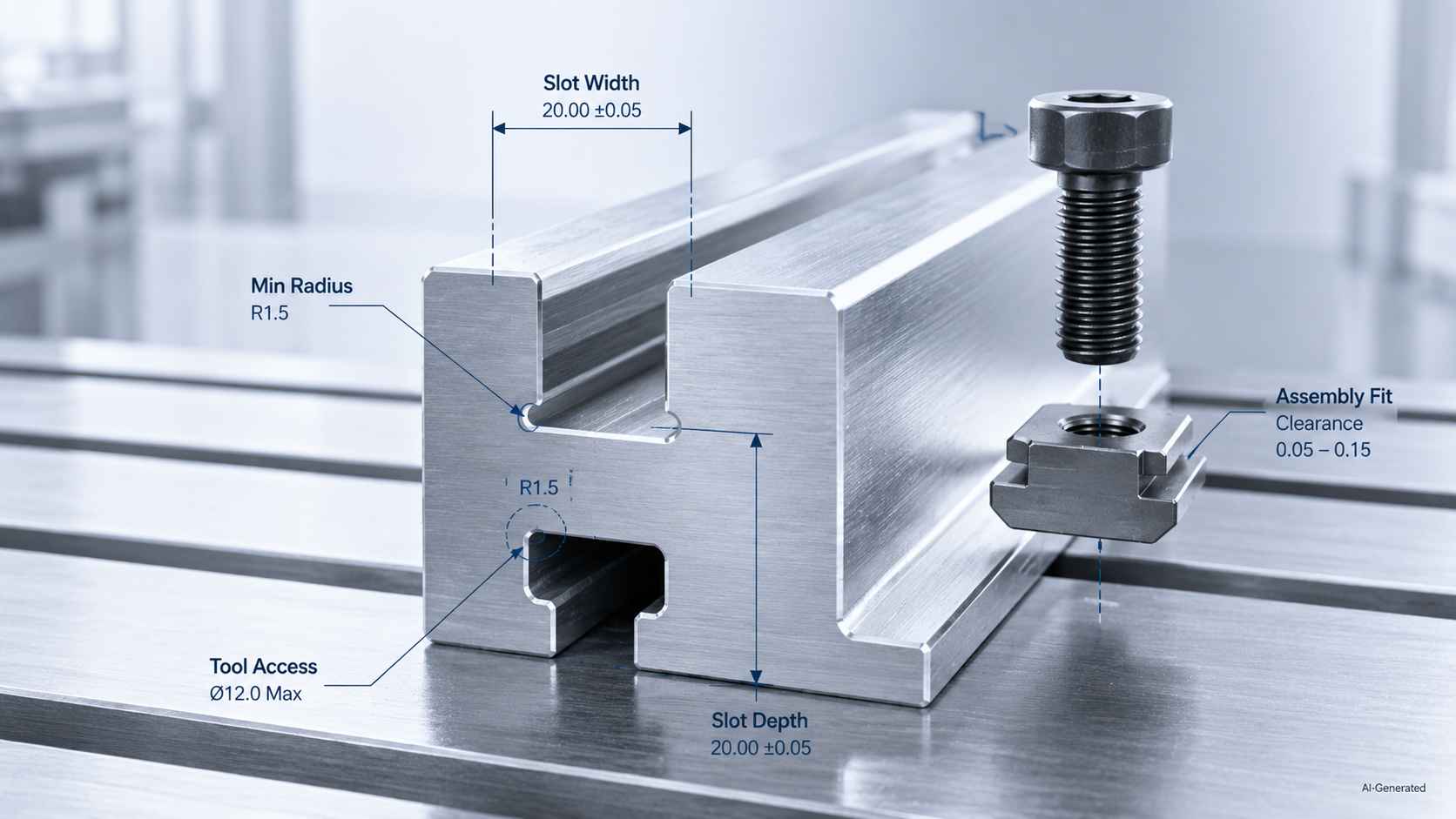 T slot design dimensions with bolt and T nut alignment