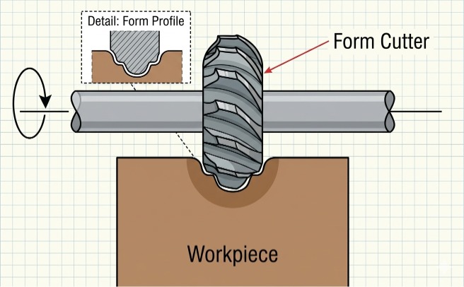 Diagram showing a form milling cutter mounted on a horizonta