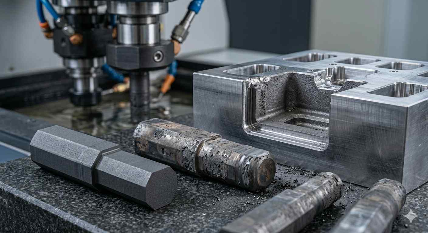 Worn and new EDM electrodes next to machined steel cavity