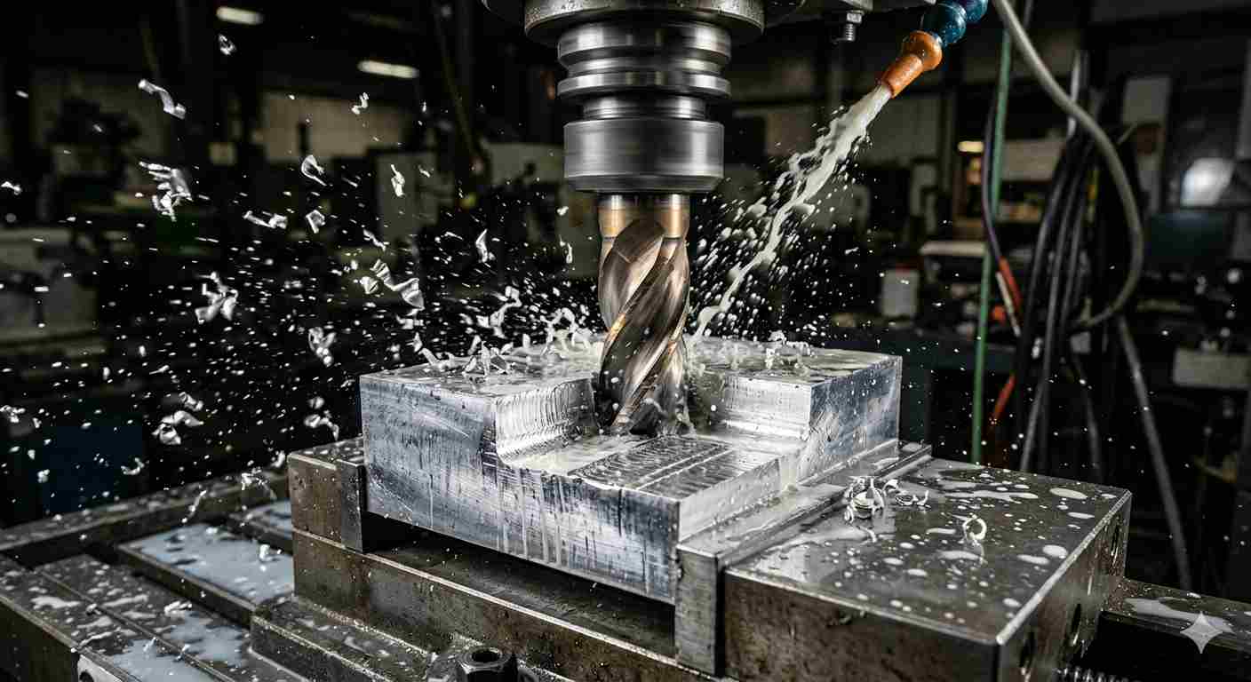 carbide end mill cutting an aluminum block