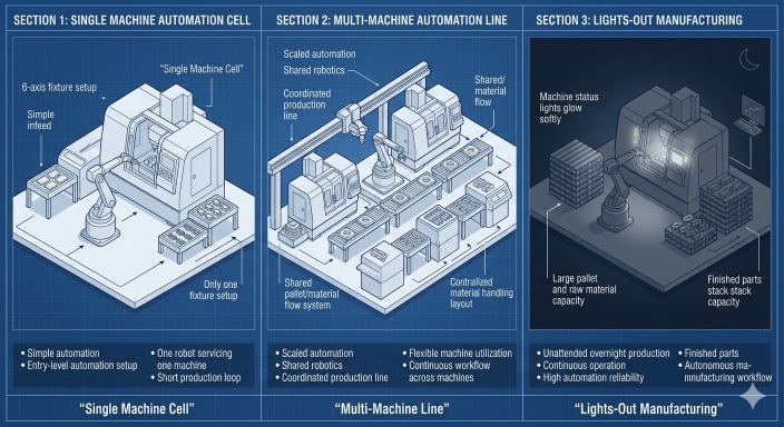 diagram illustrating different CNC automation cell setups