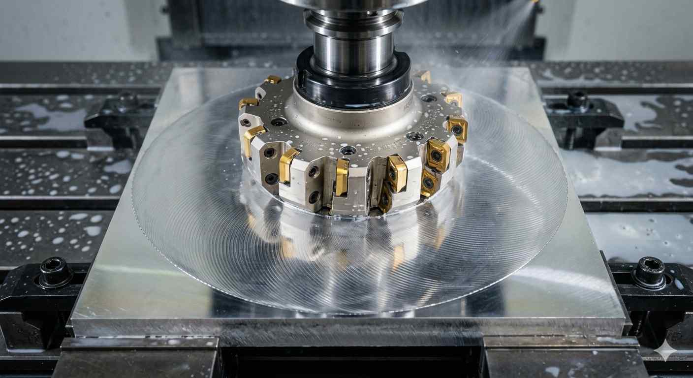 face milling cutter machining a flat aluminum surface