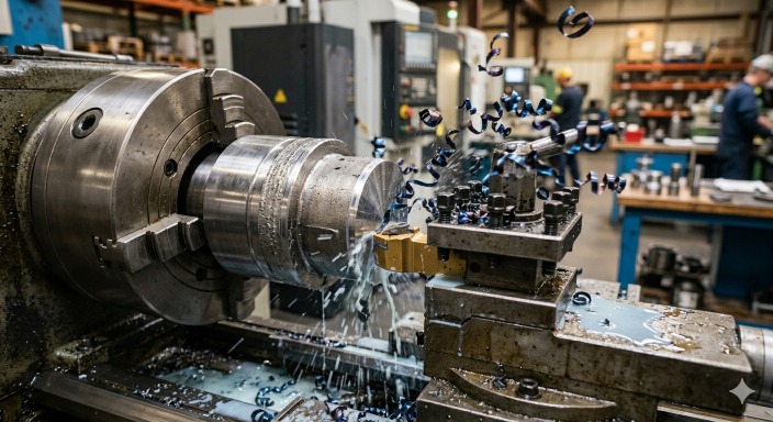 metal workpiece being cut on a lathe or milling machine