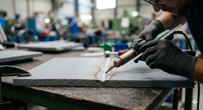 technician performing hot air plastic welding