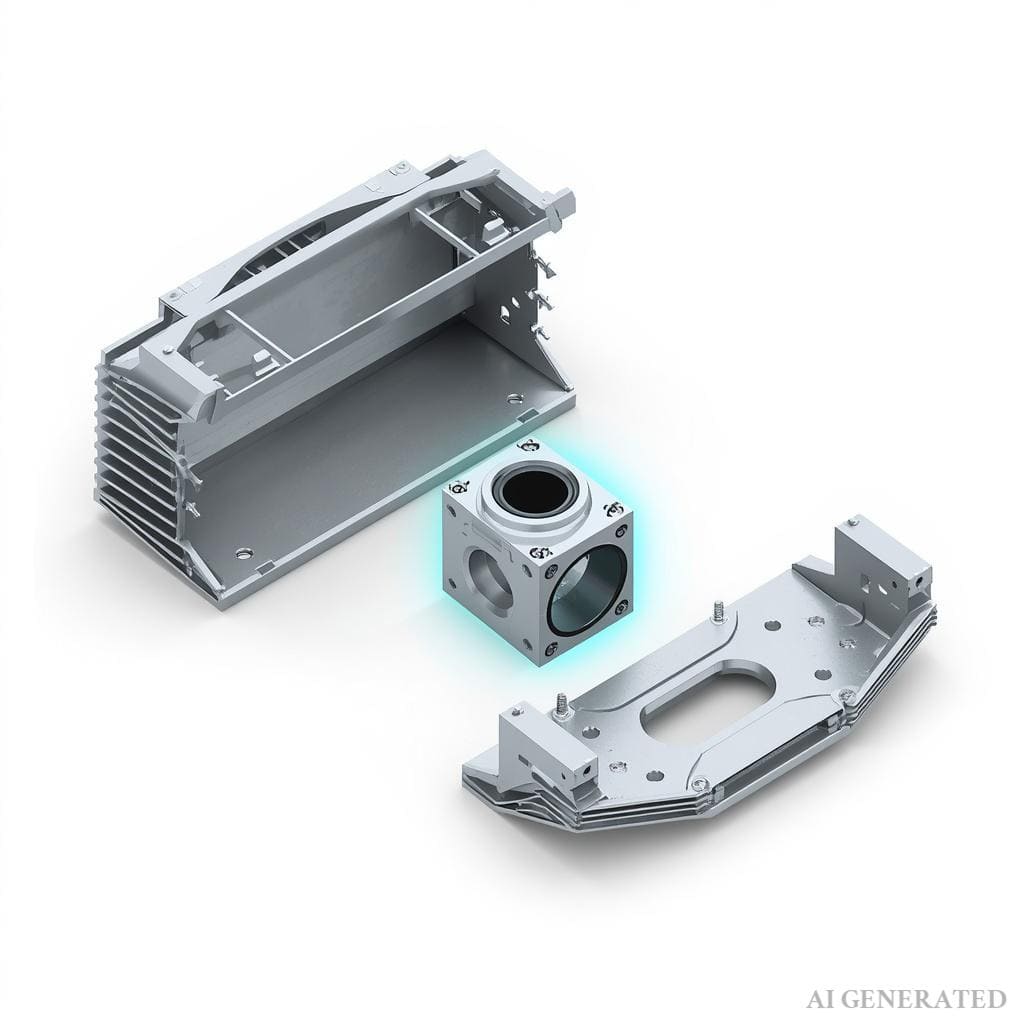 Exploded CAD assembly diagram showing a precision CNC machined bearing bracket bolted to a sheet metal chassis