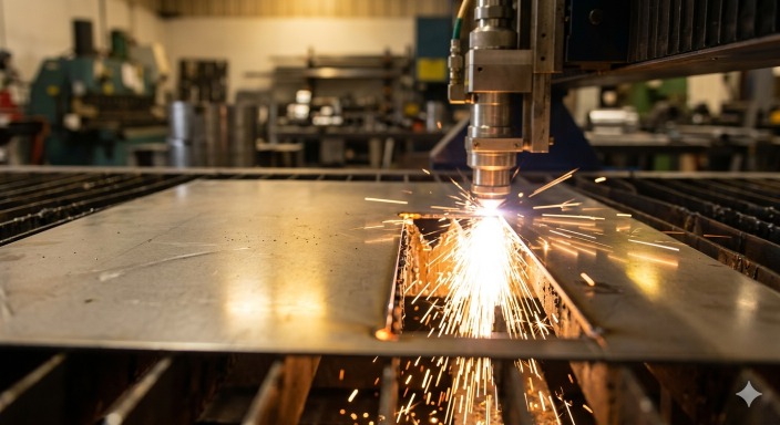 CNC laser cutter cutting through a stainless steel sheet