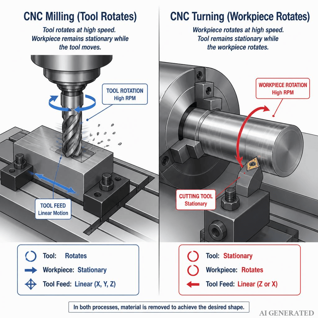 CNC milling tool vs CNC turning workpiece spin