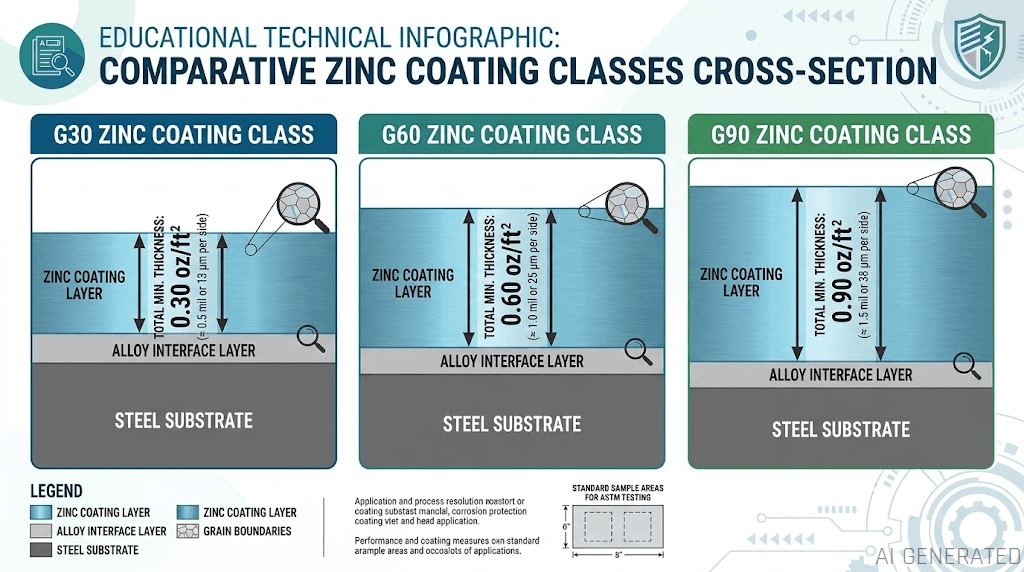Cross section diagram of G30, G60, and G90 coating thickness