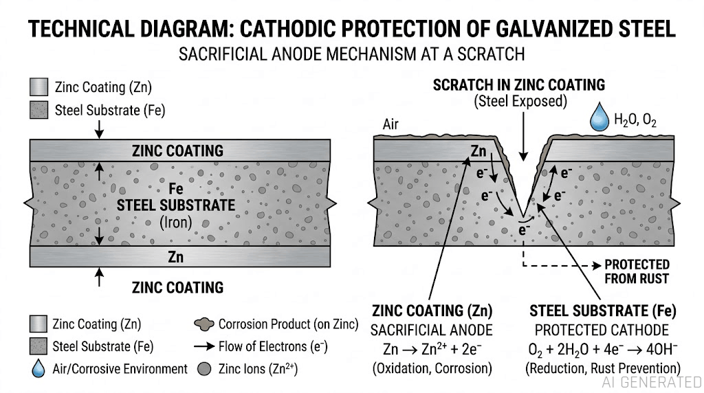 Diagram of zinc layer sacrificial protection on steel