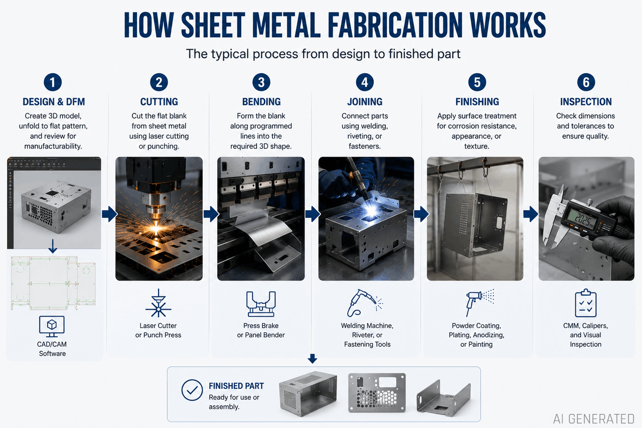 Sheet metal fabrication process flow from cut to finish