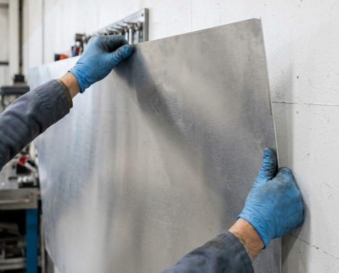 Technician holding a large thin aluminum sheet panel